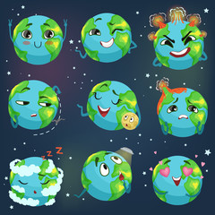 Sticker - Cute funny planet Earth emoji showing different emotions set of colorful characters vector Illustrations