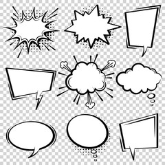 comic speech bubble set. empty cartoon black and white cloud pop art expression speech boxes. comics