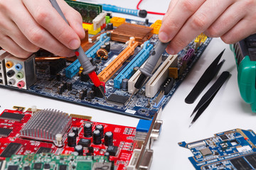 Poster - Engineer checking motherboard with multimeter