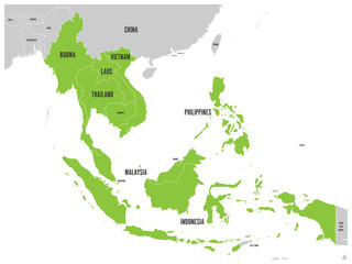 Wall Mural - ASEAN Economic Community, AEC, map. Grey map with green highlighted member countries, Southeast Asia. Vector illustration.