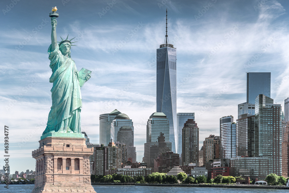The statue of Liberty with World Trade Center background, Landmarks of New York City, USA - obrazy, fototapety, plakaty 