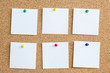 © Paweł Michałowski - Six white memo reminder cards pinned to cork board. Blank empty copy space square papers background.