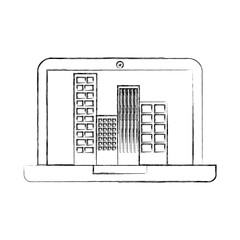 Poster - laptop with buildings cityscape scene vector illustration design