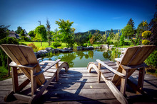 Garden Backyard Pond With Adirondack Chair Set