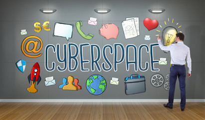 Wall Mural - Businessman drawing social network sketch on a wall 3D rendering