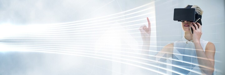 Poster - Woman Wearing VR Headset with curved bright lines transition