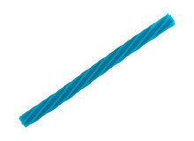 A Single Blue Spiral Licorice Stick Isolated On A White Background.