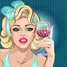 Pin Up Sexy Blonde Woman Drinking Wine, Pop Art Girl Portrait, Celebrate Look Vector Illustration