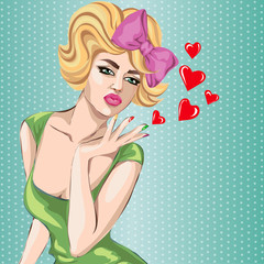 Wall Mural - Valentines Day Pin-up sexy woman portrait with heart. Pop Art vector illustration