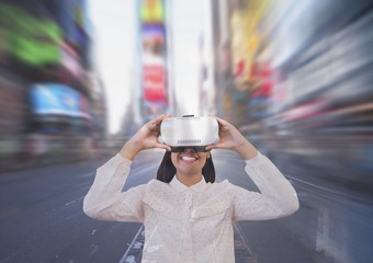 Poster - happy woman in vr headset looking against city background