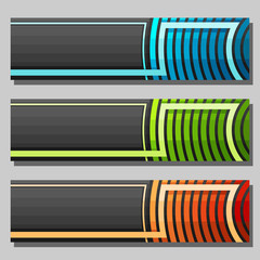 Wall Mural - Vector set of Banner templates: 3 colorful futuristic headers with curve element on grey background, three horizontal banners with geometric design for business text, layout banners backdrop for sale.