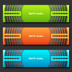 Wall Mural - Vector set of Banner templates: 3 colorful futuristic headers with curve element on grey background, three horizontal banners with geometric design for business text, layout banners backdrop for sale.