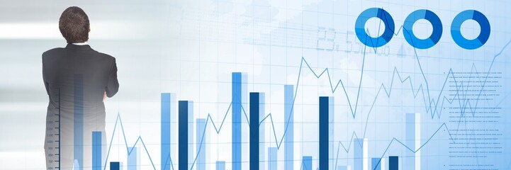 Poster - thinking businessman with statistics and charts transition