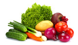 Assortment of fresh raw vegetables isolated on white background. Tomato, cucumber, onion, salad, carrot, beetroot, potato