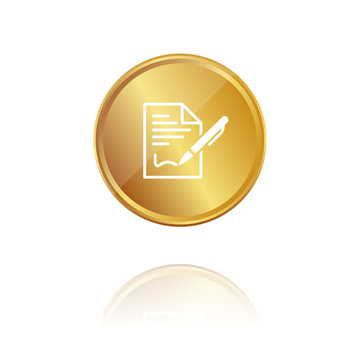 Unterschrift - Vertrag - Gold Münze mit Reflektion