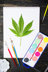 Wall Mural - Marijuana leaf and drawing equipment