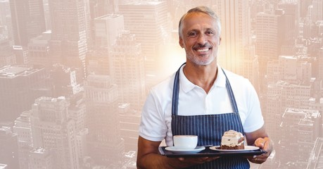 Poster - Cafe owner with coffee and cake against blurry skyline