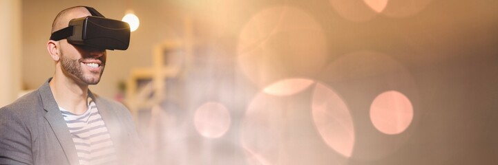 Poster - Man Wearing VR Headset with sparkling lights bokeh transition