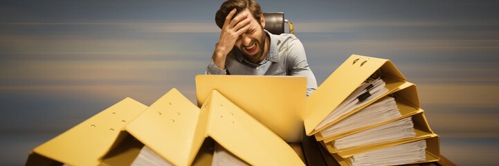 Fototapete - Stressed and tired man with lots of files table