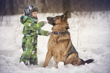 Wall Mural - A little boy and a German shepherd in a Park in winter