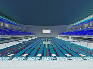 Indoor Olympic swimming pool arena with blue seats