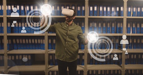 Poster - Man in VR headset touching interface with flares