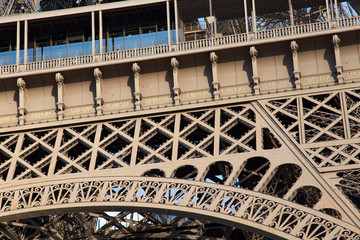 View of the detail of the Eiffel Tower in Paris. France. The Eiffel Tower was constructed from 1887-1889 as the entrance to the 1889 World's Fair by engineer Gustave Eiffel.