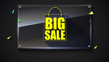 Poster - Big sale text banner on black backdrop. Ready to print and use in advertising of products. Selling ad poster for black friday action with sign of shopping bag on glass plate. 3D illustration.