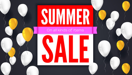 Poster - Sale text banner. Ready to print and use in advertising of products. Selling background with flying colorful inflatable balloons. Ad poster for shops with sale on all kinds of items. 3D illustration.
