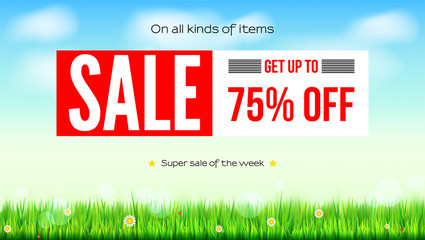 Poster - Summer selling ad banner, vintage text design. Seventy five percent discounts, sale background with green field, clouds and blue sky. Horizontal template for shopping advertising, poster or cover.
