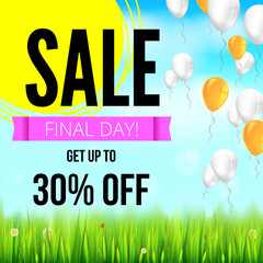 Poster - Summer selling ad banner with an inflatable colored balloons. Thirty percent holiday discounts, sale background, yellow sun, green field, white clouds and blue sky. Template for shopping, advertising.