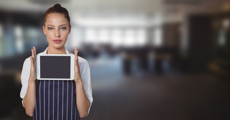 Poster - Cafe owner mid section with tablet against blurry restaraunt