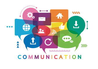 vector illustration of a communication concept. the word communication with colorful dialog speech b