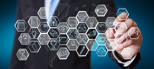 Businessman drawing multimedia hand-drawn interface