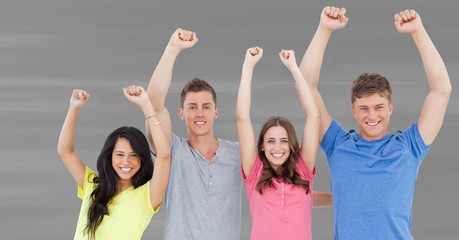 Poster - Millennials celebrating against blurry grey background