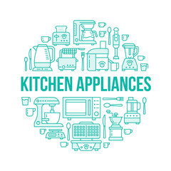 Wall Mural - Kitchen small appliances equipment banner illustration. Vector line icon of household cooking tools - blender, mixer, food processor, coffee machine, microwave, toaster. Electronics circle template.