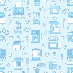 Wall Mural - Kitchen utensil, small appliances blue seamless pattern with flat line icons. Background with household cooking tools - blender, mixer, food processor, coffee machine, microwave, toaster. Electronics.