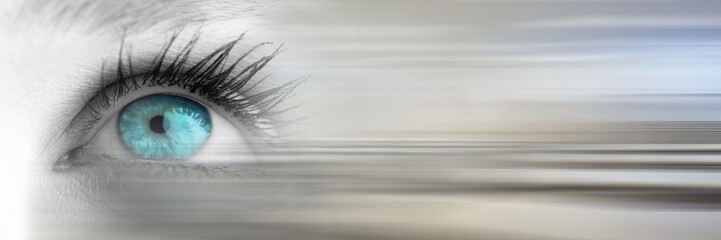 Poster - Close up of eye with bright blue iris and blurry grey transition