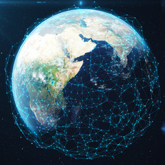 Poster - 3D rendering Network and data exchange over planet earth in space. Connection lines Around Earth Globe. Global International Connectivity, Elements of this image furnished by NASA