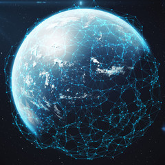 Poster - 3D rendering Network and data exchange over planet earth in space. Connection lines Around Earth Globe. Global International Connectivity, Elements of this image furnished by NASA