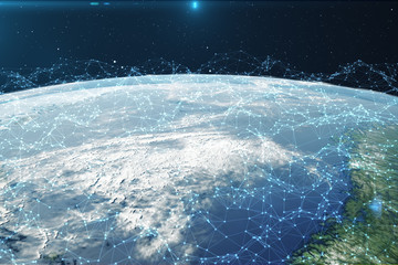 Poster - 3D rendering Network and data exchange over planet earth in space. Connection lines Around Earth Globe. Global International Connectivity, Elements of this image furnished by NASA