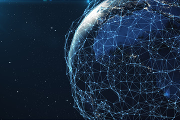 Poster - 3D rendering Network and data exchange over planet earth in space. Connection lines Around Earth Globe. Global International Connectivity, Elements of this image furnished by NASA