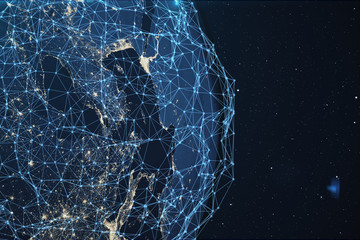 Poster - 3D rendering Network and data exchange over planet earth in space. Connection lines Around Earth Globe. Global International Connectivity, Elements of this image furnished by NASA