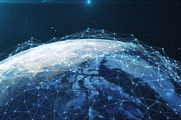 Poster - 3D rendering Network and data exchange over planet earth in space. Connection lines Around Earth Globe. Global International Connectivity, Elements of this image furnished by NASA