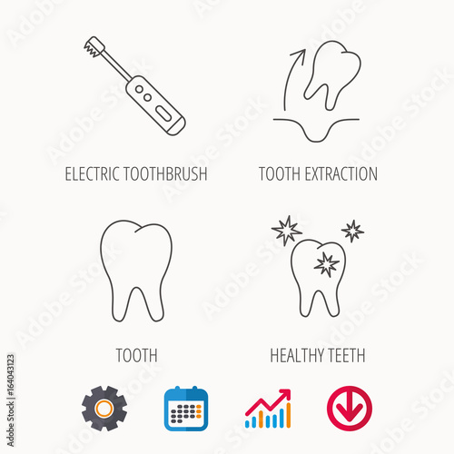 Tooth Extraction Electric Toothbrush Icons Healthy Teeth Linear Tooth Extraction Electric Toothbrush Icons Healthy Teeth Linear Sign Calendar Graph Chart And Cogwheel Signs Colored Web Icon Vector