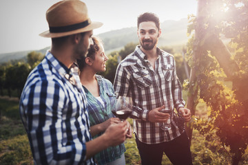 People sampling and tasting wines in vineyard