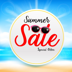 Poster - Summer sale titile text on white circle frame Abstract blur sand beach  and blue sky background with sunlight and flare element for summer vector illustration eps10