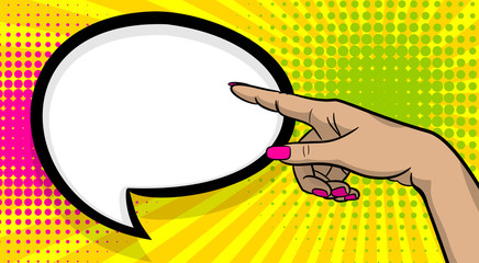 Pop art comic text cartoon woman girl hand show finger pointer speech bubble. Human guy wow poster halftone dot background. Gesture advertisement arm message illustration.