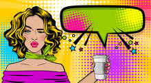 Beautiful Sexy Girl Blonde Hair, Wink Wow Face Kissing Mouth In Style Pop Art Hold Coffee Mug Mock Up. Comic Book Retro Texture Halftone Background. Vector Illustration. Comic Text Speech Bubble.