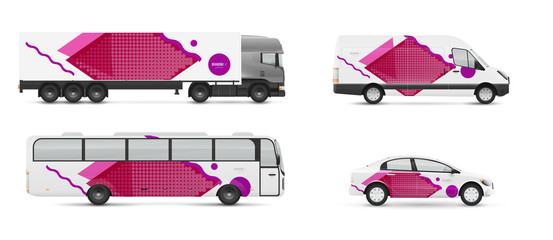 Design branding vehicles for advertising and corporate identity. Mock up for transport. Passenger car, bus and van. Graphics elements with modern geometric style.